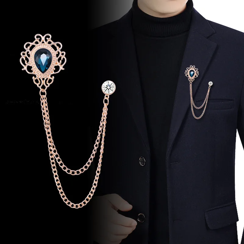 Vintage Fashion Jewelry - 新しいヴィンテージタッセルチェーンラインストーンクリスタルラペルピン - ユニセックス男性女性スーツシャツ襟ネクタイアクセサリーファッションジュエリー