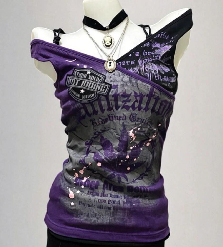 Vintage Fashion Subculture - ゴシック Tシャツ Y2k レターグラフィック夏紫オフショルダーパンクトップスヴィンテージシックストリートウェア女性ファッションサブカルチャー Tシャツ
