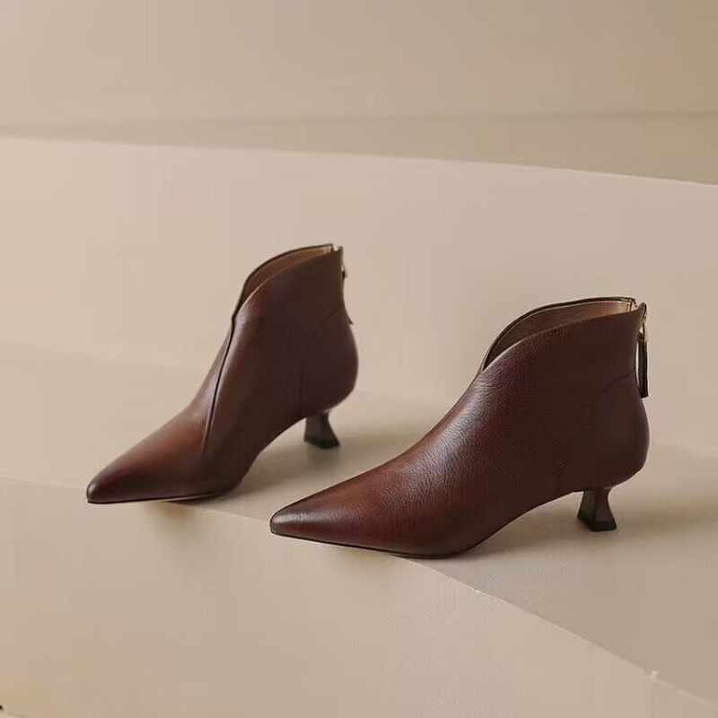 Vintage Fashion Ladies - 秋冬ポインテッドトゥ女性アンクルブーツファッションエレガントなジッパーショートブーツヴィンテージレディーススクエアヒールカジュアルシューズ