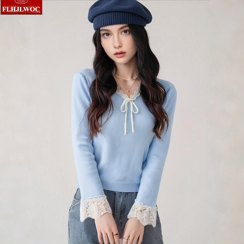 Vintage Fashion In Japan - 蝶ネクタイトップスジャンパープルオーバー新年ファッション女性かわいい甘い日本スタイル女の子パッチワーク白レースニットセーター