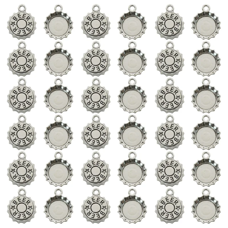 Vintage Fashion Jewelry - アンティークシルバーメッキビールキャップチャーム、DIYイヤリングネックレス用合金金属ペンダント、ジュエリー作りアクセサリー用品、15個