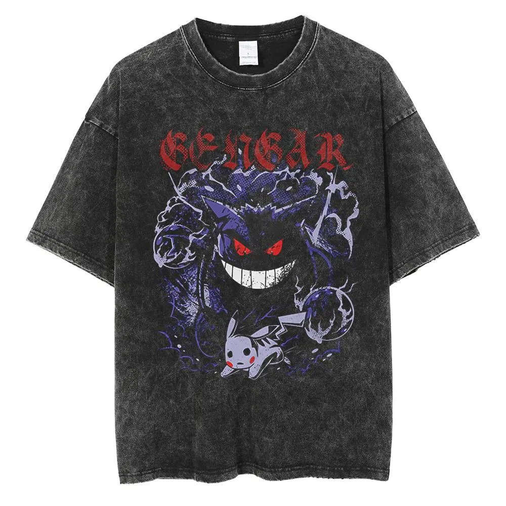 Vintage Fashion In Japan - ポケモン ゲンガーとピカチュウ アニメTシャツ、ヴィンテージ風ウォッシュドブラックTシャツ メンズ レディース、カジュアルストリートウェアファッショントップス