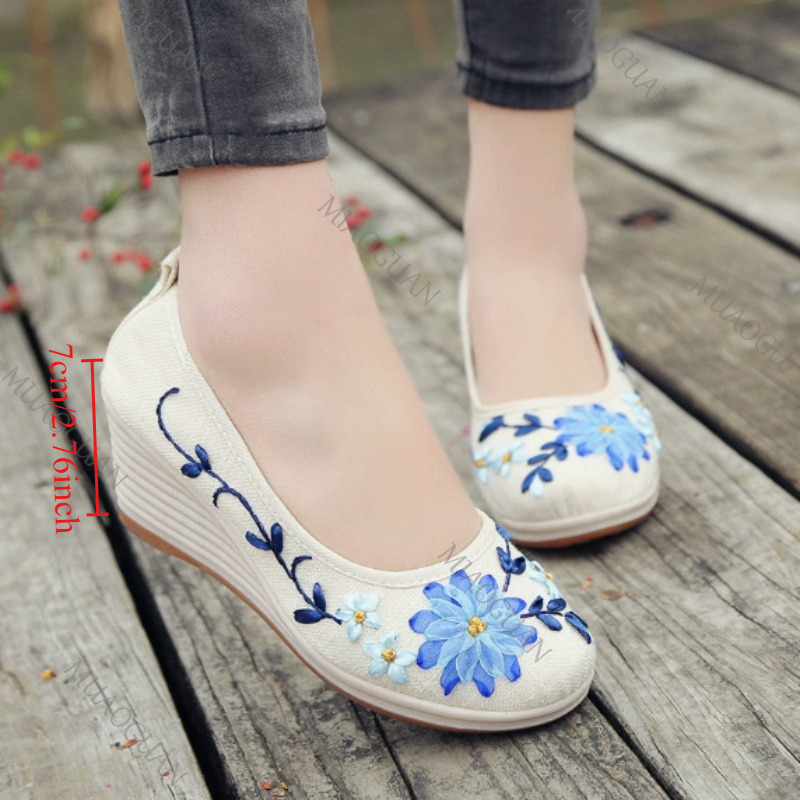 Vintage Fashion Ladies - 刺繍入り女性用コンフォートウェッジプラットフォームシューズ、ファッションボウノットレディースハイヒールパンプス、ヴィンテージエスニック女性用ヒール付きフットウェア