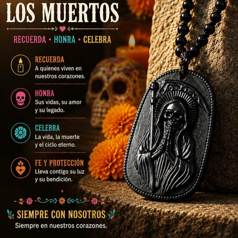 Vintage Fashion Labels - サンタ・ムエルテ彫刻ドッグタグネックレス、メキシコの死者の日用、黒いローブを着て杖を手に持つ死神の守護のお守り