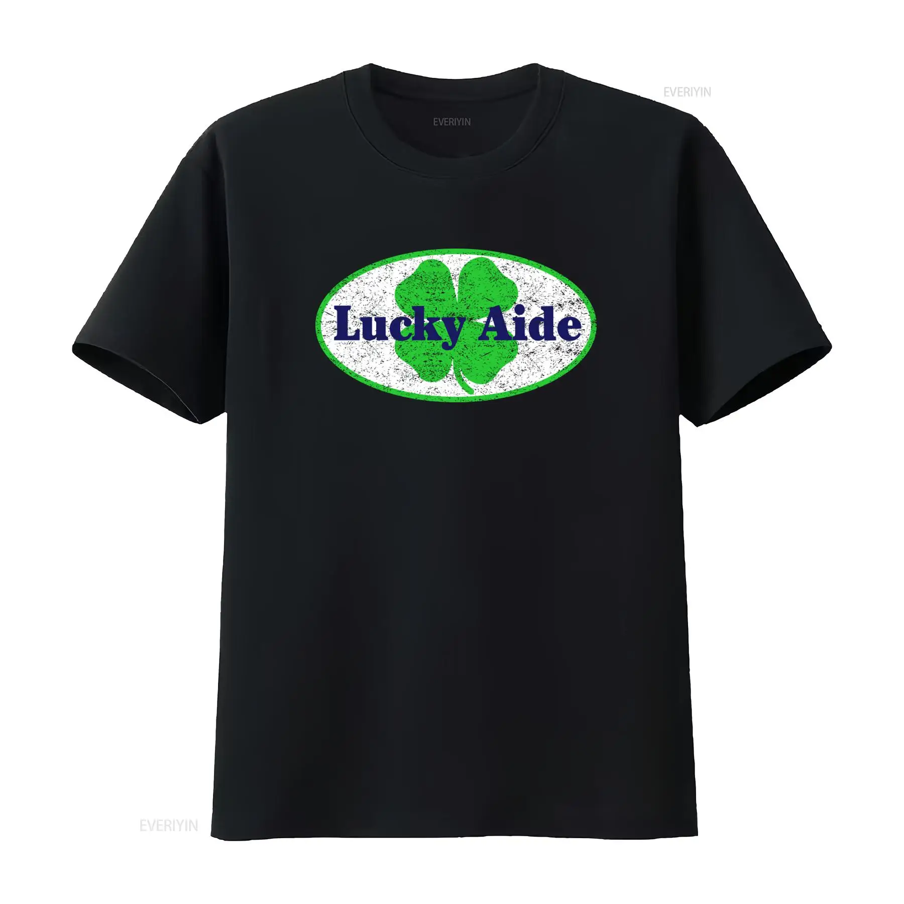 Vintage Fashion Logos - ラッキーエイド Tシャツ、中央にマルコムシンボルの会社ロゴが入っており、スーパーマーケットのヴィンテージ風、少し洗い加工された、ファッショナブルな男性向けです。