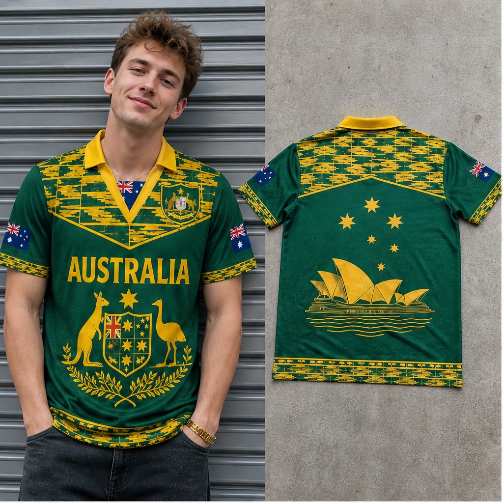 Vintage Fashion Australia - メンズオーストラリア装飾カンガルーエミュクレストセミポロVネックTシャツ半袖カジュアルストリートウェアトップスヴィンテージスタイルデイリーウェア