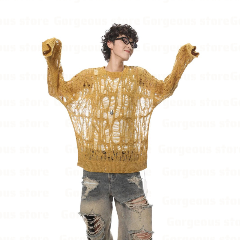 ヴィンテージリッピング中空アウトメッシュニットセーター男性秋 - Vintage Fashion In Japan のレビューと価格
