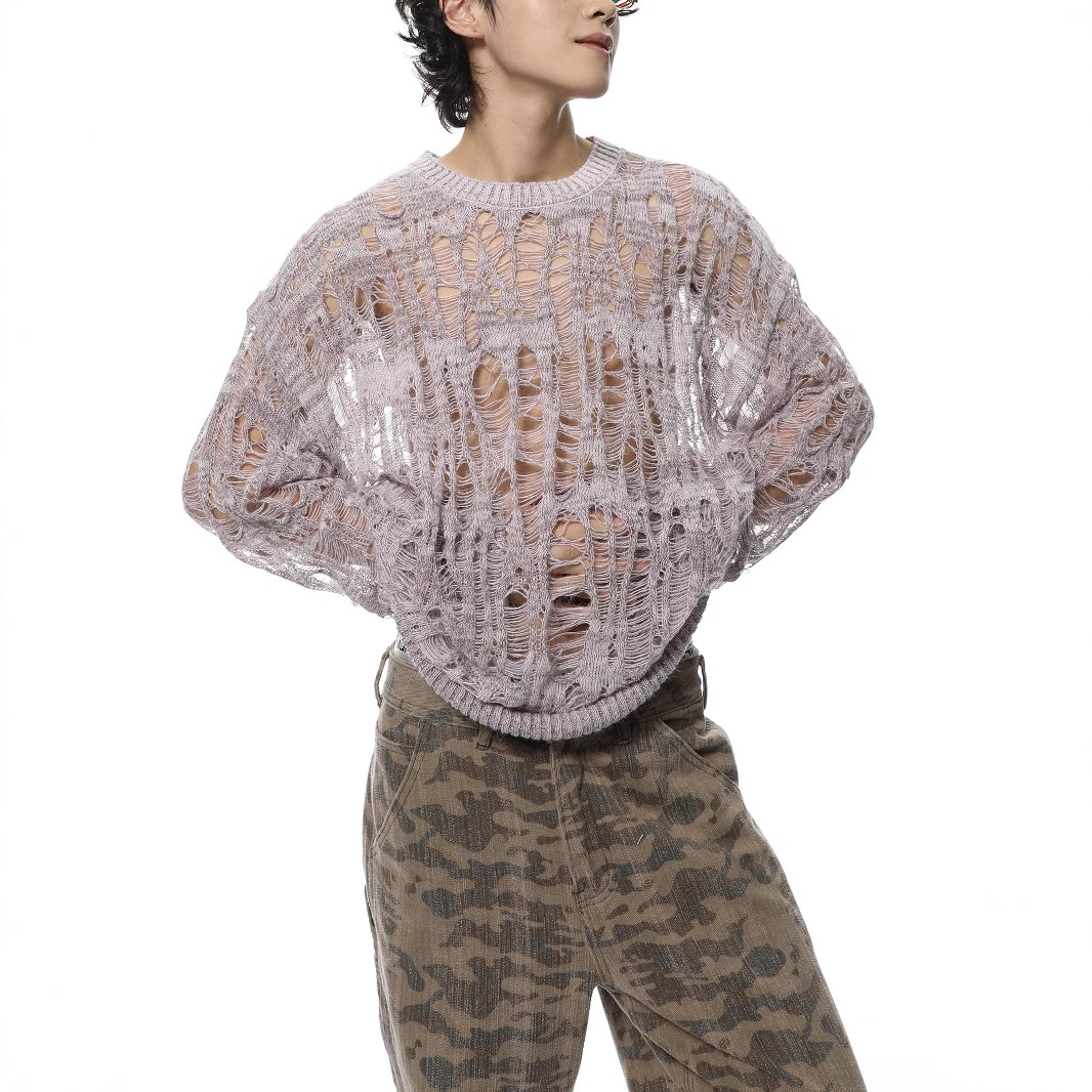 ヴィンテージリッピング中空アウトメッシュニットセーター男性秋 - Vintage Fashion In Japan のレビューと価格