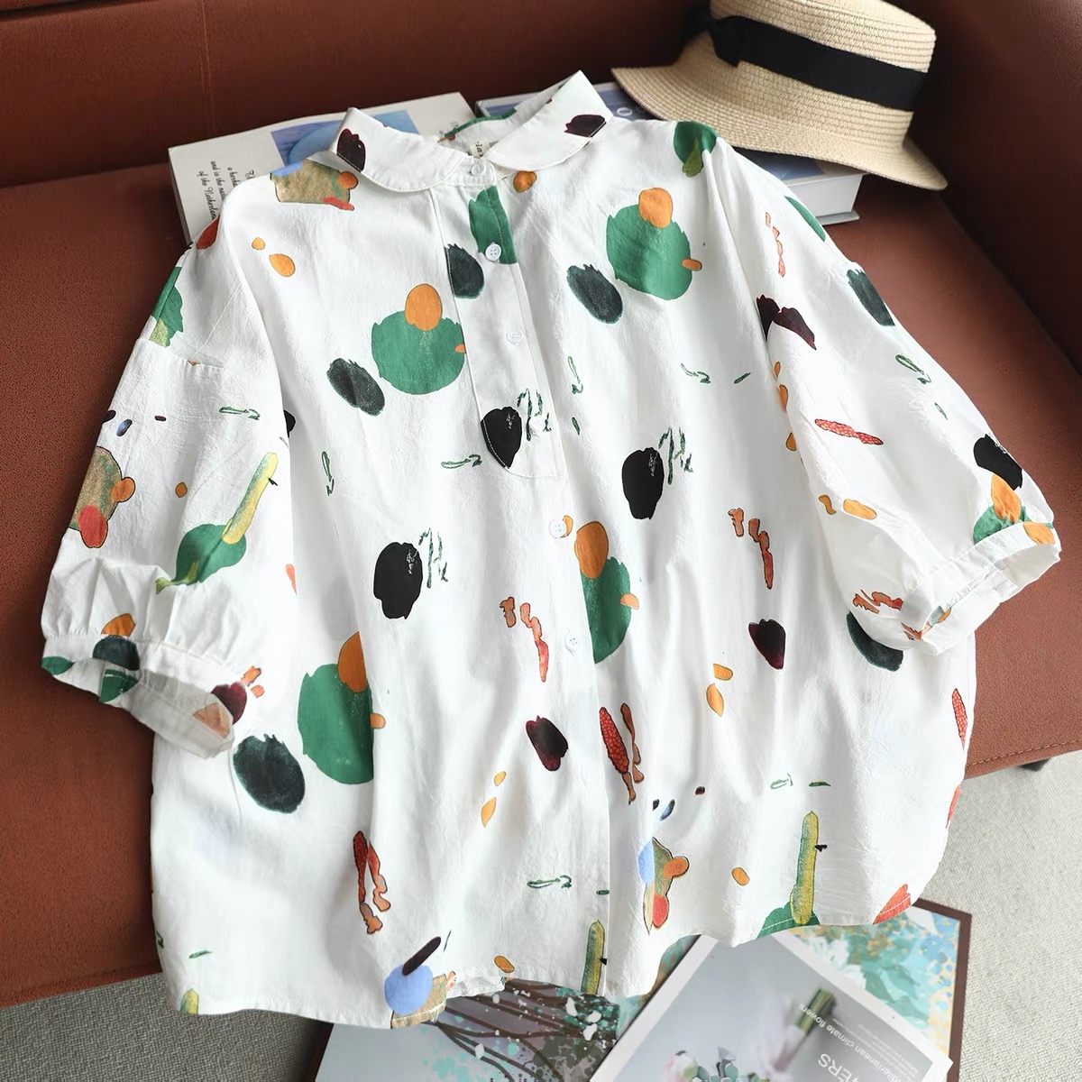 女性抽象水彩プリント特大シャツ原宿ファッションピーターパン襟 - Vintage Fashion In Japan のレビューと価格